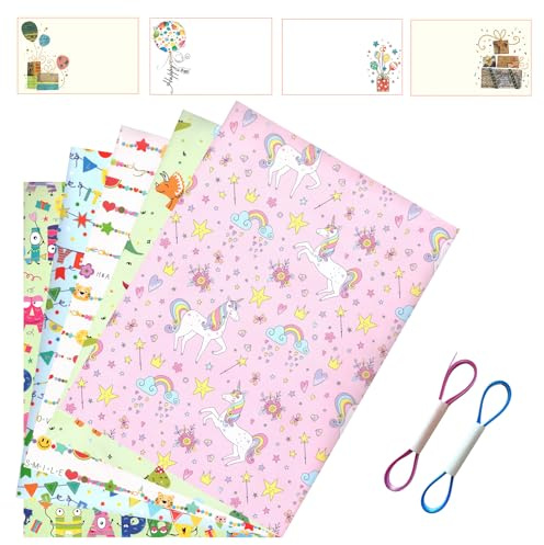 ARKRAFT Set Carta da Regalo per Bambini, 5 Fogli 90x65 cm, 2 Nastri 5 m, 4 Biglietti Auguri, Motivi Unicorno e Dinosauri (SCM 2)
