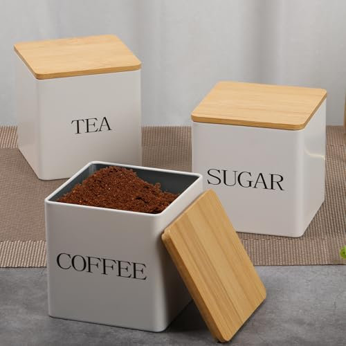 Ghshanog Tea Coffee Sugar Canisters Set, 500 ML 3 Piece of Metal Canister Storage Jar Container Set With Airtight Bamboo Lid,Multi-Purpose Space Saving Sealed Kitchen Food Storage Containers (White)