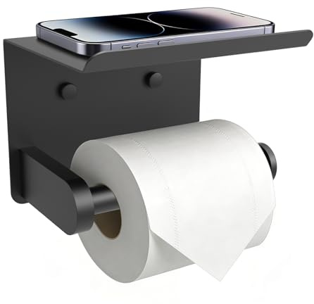 SetSail Toilet Paper Holder with Shelf Adhesive or Screw Bathroom Toilet Paper Roll Holders Wall Mount Matte Black Tissue Holder for Bathroom Hardware Accessories