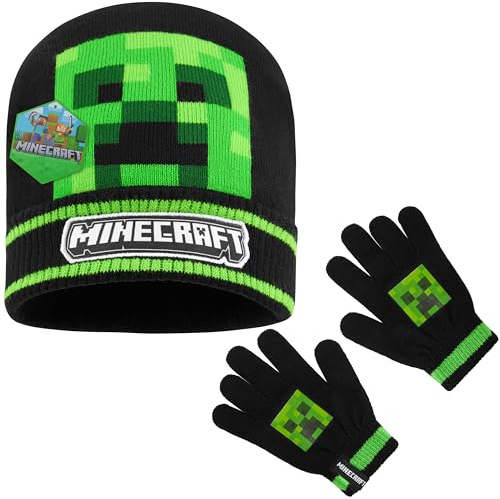 MINECRAFT Cappello Bambino o Invernale Accessori Bambini Set 3 con Sciarpa e Guanti, Set 2 Pezzi o 1 Pz Berretto, 6-14 Anni (6-14 Anni, Cappello e Guanti Neri)
