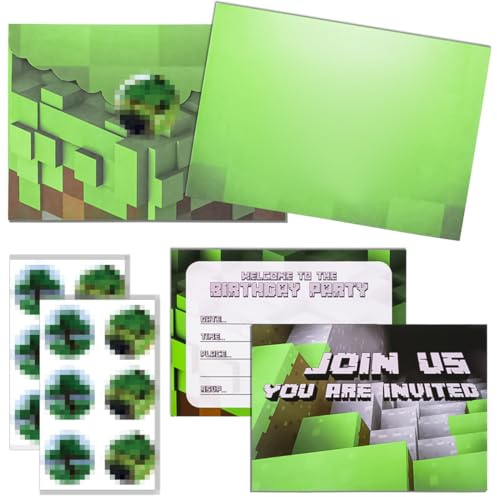 Dncvb 12 Set Gaming Invitations, 12 Party Invitation with 12 Envelopes 12 Stickers, Pixel Invitation Cards Kids Birthday Invitations Cards Set Party Supplies for Boys Girls Birthday