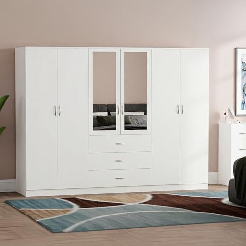 Vida Designs 6 Door 3 Drawer Mirrored Wardrobe | White | Bedroom Furniture | 175H x 230W x 54D cm | With Storage Shelf & Hanging Rail | Large Capacity Storage