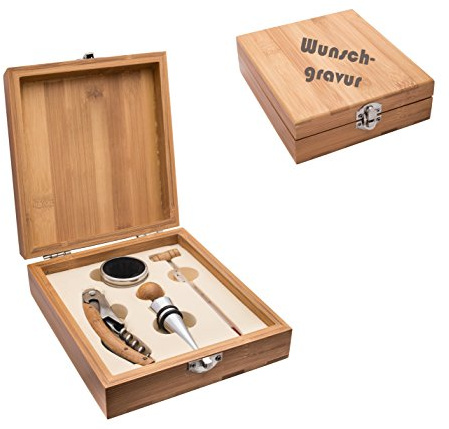 Wine Set Bamboo 4-Piece Waiter's Knife with Engraving Engraving Engraved Wine Set Thermometer Bottle Stopper Drip Ring (with Engraving)