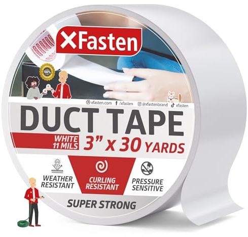 XFasten Super Strong Duct Tape, White, 3 x 30 Yards, Waterproof Duct Tape for Outdoor, Indoor, School and Industrial Use