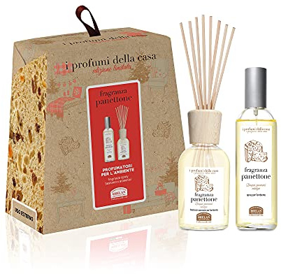 Helan, Panettone, Profumatore per Ambienti e Bastoncini per Diffusori 100 ml + Profumo Ambiente Spray 100 ml dalla Fragranza Panettone - Set Profumatori Ambiente per Idee Regalo Natale - Made in Italy