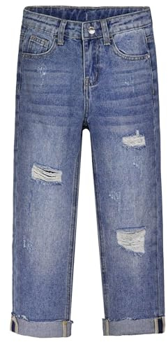 KIDSCOOL SPACE Bambini Elastico Strappato all'Interno Arrotolato Gamba Grezzo Jeans Slim,Blu,13-14 Anni