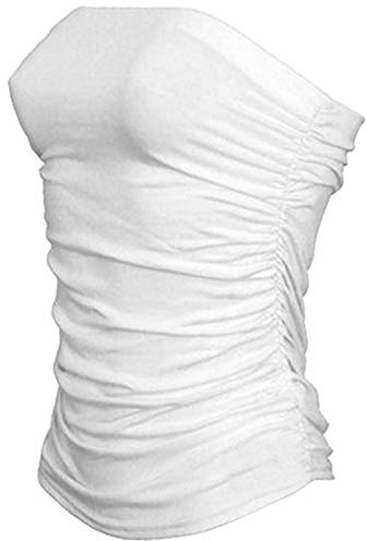 Womens Plain Strapless Sleeveless Ruched Boob Tube Ladies Bandeau Top Size 8-20 (White, S/M)