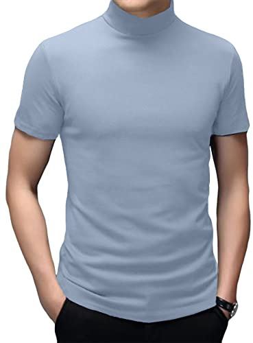 Mens Turtleneck Short Sleeve T Shirt Cotton Mock Neck Shirts Turtleneck Sweater Basic Stand Collar Tops Dusty Blue, L
