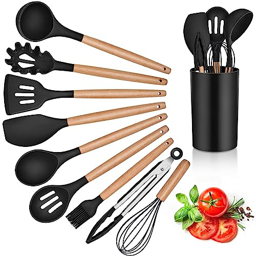 Herogo 10 Pcs Kitchen Utensils Set with Holder with Wooden Handle – Black