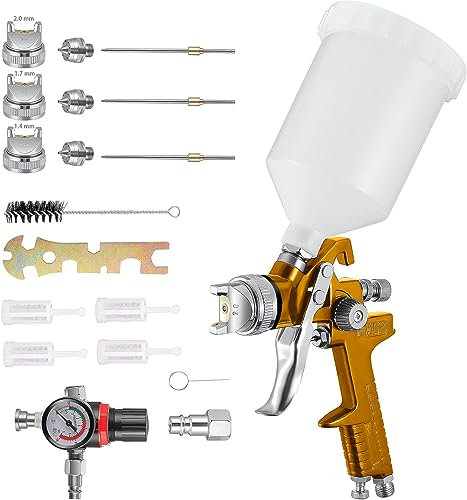 Yontwe Pulverizador de Pintura con Pistola HVLP con Boquilla de 1,4 MM, 1,7 MM, 2,0 MM, Taza de 600ml, Herramientas de Pintura para cercas de vehículos y automóviles (Gold)