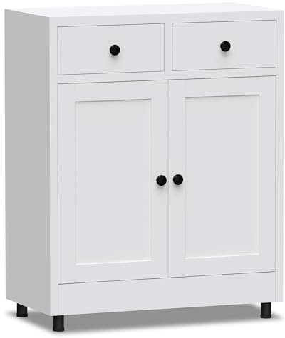 JINKUR Aktenschrank Büroschrank Lagerschrank Metallschrank Stahlschrank Mehrzweckschrank Buffetschrank Flurschrank, Aufbewahrungsschrank aus Metall mit 2 Schubladen und Verstellbarem Regal (Weiß)