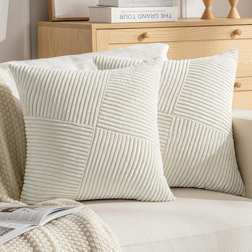 DecorMommt Fundas Cojines 40x40 Crema Fundas de Cojines Suaves Pana a Rayas Diagonales Funda Cojin Moderna Otoño Juego de 2 Funda Cojines por Sala de Estar Dormitorio Sofá Cama Cojin Decoración