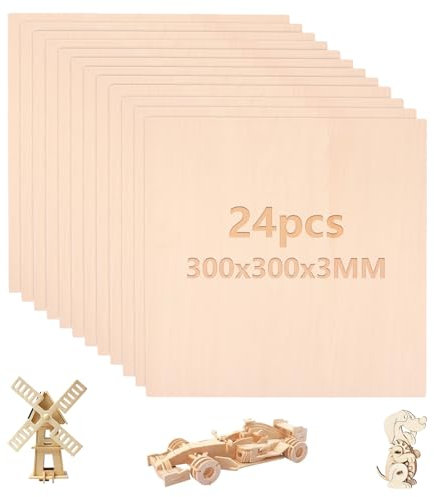 GBACHOOSE Lot de 24 Contreplaqué 300x300x3mm, Plaque de Contreplaqué 3mm, Tilleul Feuilles, Bois de Tilleul, Plaque Bois, Planche Bois Brut pour Projets Laser, Artisanat, Modèles de Bricolage