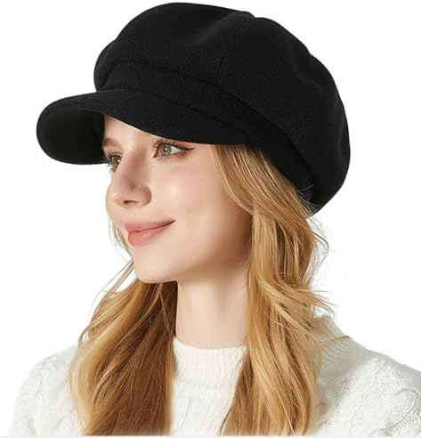 iEasey Dame Femme Unicolore Béret en Laine d'hiver Rétro Gavroche Chapeau Bonnet Chapeau d'hiver Casquette à visière Femme Français Élégantes Chaud Casquette Plate,Noir