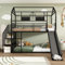 Etagenbett Kinderbett 90x200 für 2 Kinder, Hausbett Bettgestell Metallbett mit Treppe & Rutsche, Hochbett mit Dach & Fenster, Multifunktionsbett Spielbett Stockbett Eisenbett, 2x Lattenrost, Schwarz