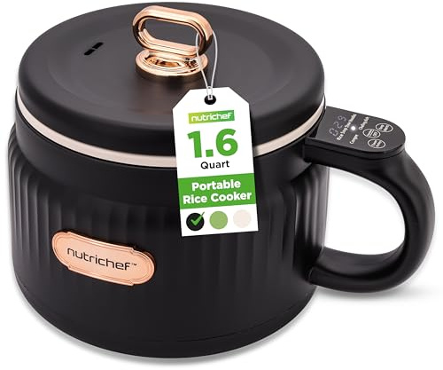 NutriChef Portable Electric Rice Cooker, 1.6L Mini Cooker with Non-Stick Ceramic Pot, Digital Control Panel, 6 Cooking Modes for Rice, Soup, Stew, Porridge & More, Black
