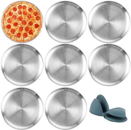 WOPPLXY 8 Stück Pizzablech Rund 30 cm, Pizzaform mit Silikonhandschuhe, Pizza Blech aus Edelstahl zum Backen im Ofen (Leicht zu Reinigen)