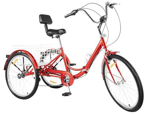 Garbenat 24 tums trehjuling för vuxna 7 växlar vikbara trehjulingar 3 hjul lastcykel med shoppingkorg, mugghållare och framljus seniorer trehjuling cykel vuxencykel för män och kvinnor röd