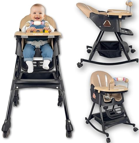 Twinky Chaise Haute Bébé – Dernier Modèle, Chaise Haute Pliable avec Fonction d'Inclinaison Réglable et Table, Convient de 6 mois à 4-5 ans – Couleur : Noir et Beige