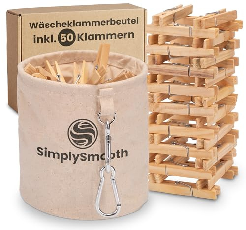 SimplySmooth Tvättklämmapåse inklusive 50 tvättklämmor av trä – klämpåse av 100 % bomull med extra stora karbinhakar för upphängning – tvättklämmakorg med stängning