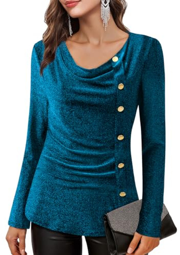 Bodhi talk Blouse Women's Elegant Glitter Long Sleeve Shirt with Waterfall Neck Festive Tops for Party and New Year's Eve, XL