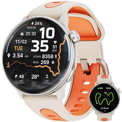 Reloj Inteligente GPS, Pantalla AMOLED de 1.43 Reloj Inteligente para Hombres/Mujeres Fitness Tracker, brújula de Relojes Militares, Compatible con Android y iOS, múltiples Modos Deportivos (Naranja)