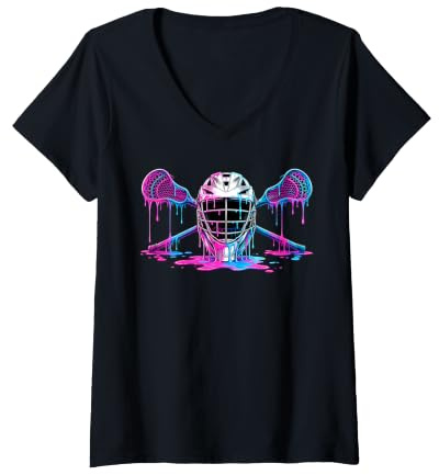 Women's Vibrant Colorful Dripping Helmet Lacrosse V-Neck T-Shirt