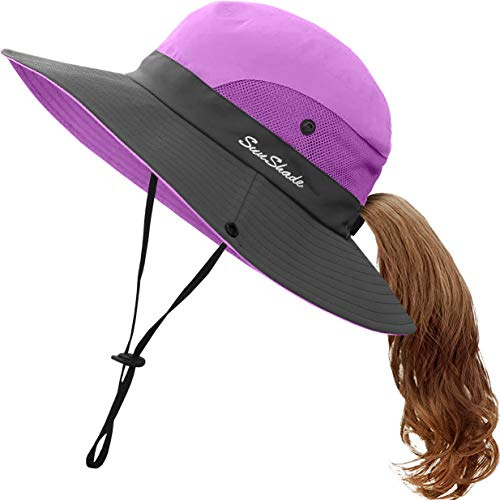 Kids UV Sun Hat with Ponytail Hole UPF 50 Bucket Cap for Girls Summer Beach ＆ Fishing (M:5-12T(Head circumferences 20.6-21.8), Purple)