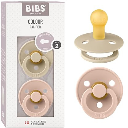 BIBS Colour Soother 2-Pack, BPA Free Dummy Pacifier, Round Nipple. Natural Rubber Latex, Size 2 (6-18 Months), Vanilla/Blush