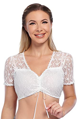 GloryStar Women's Bavarian Oktoberfest Costume Traditional Dirndl Blouse Beer Garden V Neck Crop Top White M