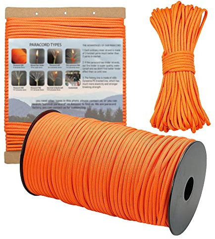 PSKOOK 550 paracord 100 m, 31 m, 15 m rep 9 + 1 tråd med fiskelina dragkraft räddningsrep tältrep för utomhusvandringar camping gör-det-själv halsband armband hantverkstillverkning (31 m, orange)