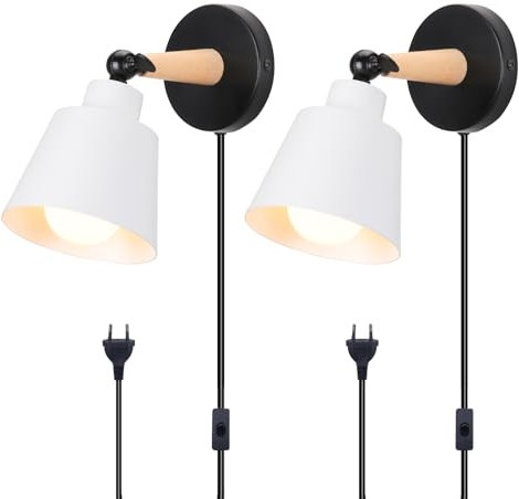 TOKIUS 2 Stücke Wandleuchten, Moderne Wandlampe aus Metall und Holz Deko E27 Fassung Verstellbarer Wandbeleuchtung Innen Wandlampe für Schlafzimmer Wohnzimmer Korridor (Weiß, Mit Stecker Schalter)