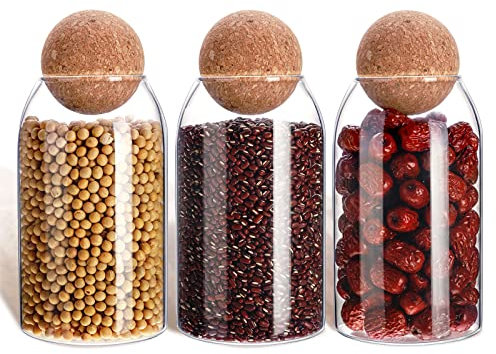 Cunhill 3 Pcs Glass Jar with Ball Cork Lid Decorative Round Bottle Sealed Canister Jar Storage Container Organizer with Airtight Wooden Lid for Food Coffee Bean Candy Biscuits Spice(800 ML/ 27 Oz)