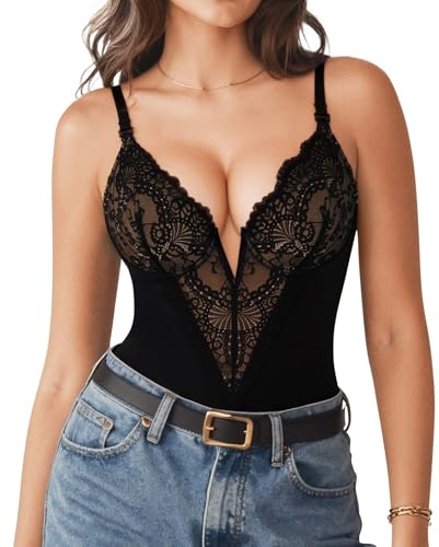 Popilush Shapewear Bodysuit Tummy Control Lace Corset Tops for Women V Neck Sleeveless Thong Bodysuits