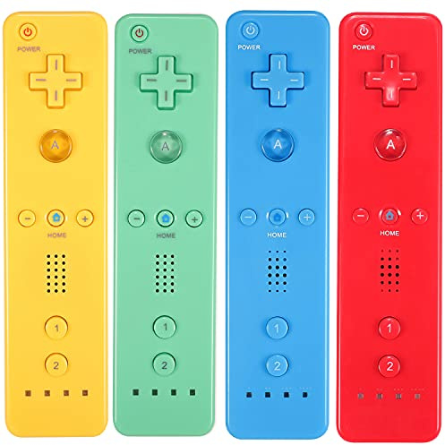 Wii Controller 4er-Pack, Wii Fernbedienung mit Silikonhülle und Handgelenkschlaufe, kompatibel mit Wii/Wii U Konsole – Gelb + Grün + Blau + Rot