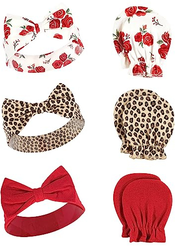 Hudson Baby Infant Girl Cotton Headband and Scratch Mitten Set, Rose Leopard, 0-6 Months
