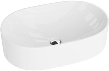 LAVITA Alto Lavabo ovale à poser, sans trop-plein et trou de robinet, en porcelaine de qualité supérieure, 52,5 x 32,5 x 14 cm, blanc brillant