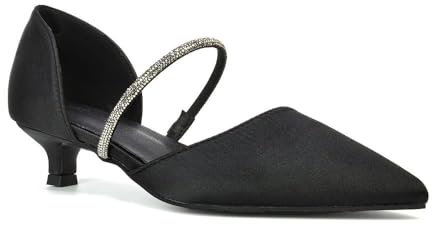 Womens Point Toe Court Shoes Ladies Low Kitten Heel Black Satin Diamante Strap Bridal Party Pumps Size 6