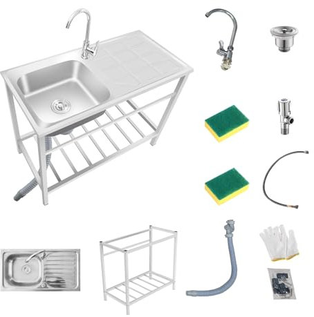 Lavello Da Cucina Commerciale 75cm/83cm/100cm Lavello A Una Vasca In Acciaio Inox Lavamani Con Rubinetto E Spazzola Di Spugna Lavandino Da Giardino Con Banco Di Lavoro E Ripiani Per Garage Ristorante