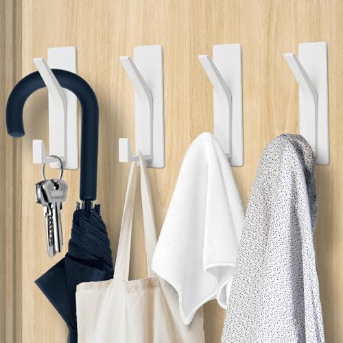 AUXHCYL Self Adhesive Hooks, 4 Pcs Stick on Hooks Heavy Duty for 6KG Weight, Sticky Hooks for Hanging,Door Hooks Extra Strong,Wall Hooks for Towel Coat Hat in Bathroom Kitchen Shower(White)