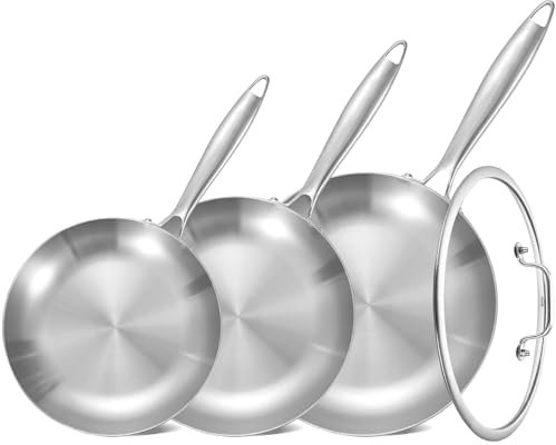 Inqibee Set di padelle in acciaio inox a tre strati da 21,5-25,4 cm con coperchio, padelle, padelle a induzione, pentole e padelle, lavabile in lavastoviglie e in forno, manico staccabile.