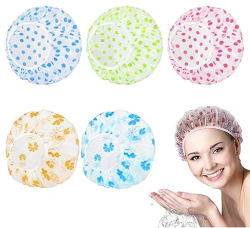 LAKJUOZ Duschhaube Für Damen 5 Stück Wasserdichte Und Wiederverwendbare Duschhauben Kleines Blumenmuster Punktmuster Shower Cap 27 Cm Breite Mit Elastischem Band,Große Kunststoffkappe Für Langes Haar