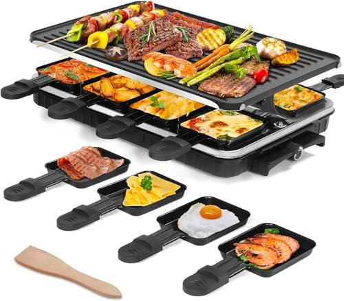 Raclette Tischgrill,1300W Indoor Eléctrica Grillplatte Grill,Corean BBQ Grill 2 en 1 con 8 Käsepfannen & Holzspatel, Antihaft Elektrogrill,Elektrogrill Grill,für 8 Personen,Ideal für Partys