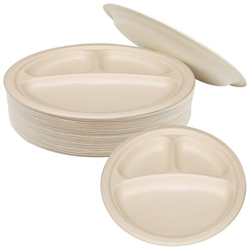 PRITOK 50 piatti di carta grandi: piatti rotondi di carta bagassa con 3 scomparti, piatti piani riciclabili, piatti di carta super rigidi, stoviglie da campeggio, microonde e forno per feste, casa