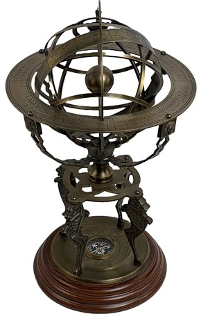 RS INTERNATIONAL Meridiana armillare a 4 teste di leone in ottone - strumento astronomico antico da 45 cm | Decorazione vintage per casa, ufficio e giardino