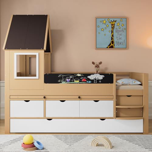 Seyakany Lit cabane Enfants 90x190 et 90x200 avec Bureau gigogne,lit Enfant avec Rangement,lit Double Enfant avec tiroirs et gigogne,Mezzanine 2 Places,pin+MDF, Blanc+Naturel