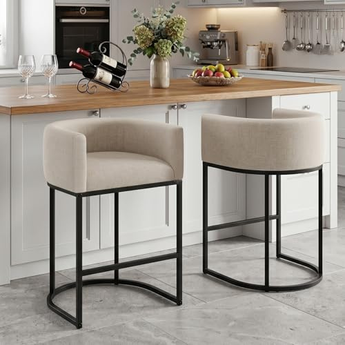 KRAMZMING Counter Height Bar Stools Set of 2, 24 Inch Seat Height Barstools for Dining Room, Fabric Upholstered Bar Chair for Kitchen Island, Linen Counter Stools with Metal Legs, Beige