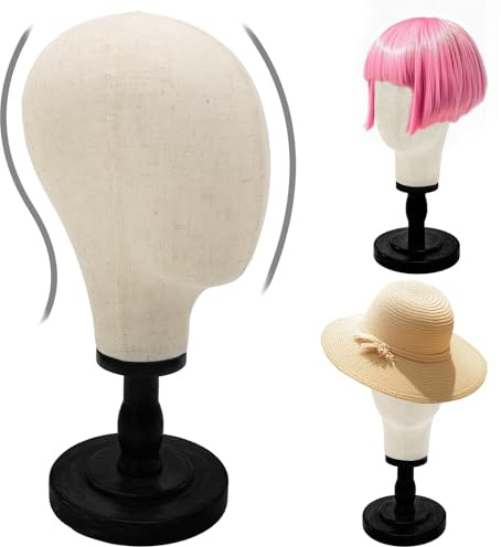 GHWMYD Wooden Wig Stand with Realistic 21.7 Inch Canvas Mannequin Head - Stylish Display and Storage for Wigs, Hats, Caps, Headdresses, and Accessories - Durable Rustic Hat Rack for Home or Salon Use, Black