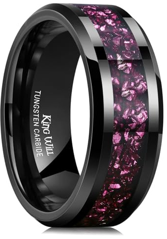King Will Fede nuziale da uomo in carburo di tungsteno, 6 mm, 8 mm, nero/argento, con intarsi a frammenti, bordo smussato, Carburo di tungsteno, Nessuna pietra preziosa