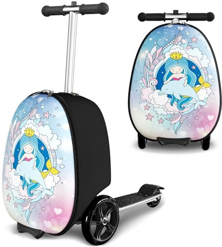 Baotree Scooter Suitcase for Kids, 2 in 1 Ride-on Luggage with Flash PU Wheels, Adjustable Handle & TPR Non-Slip Grip, Foldable & Lightweight, Ages 5-12